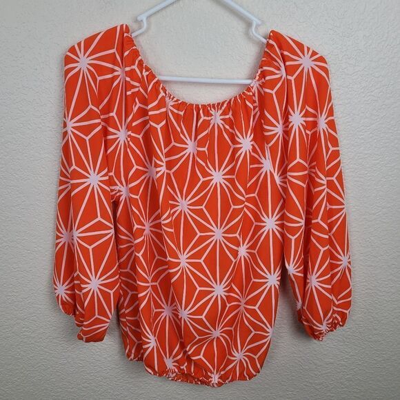 Macbeth Collection Orange White Print Blouse Size Small (2317) - Picture 3 of 6